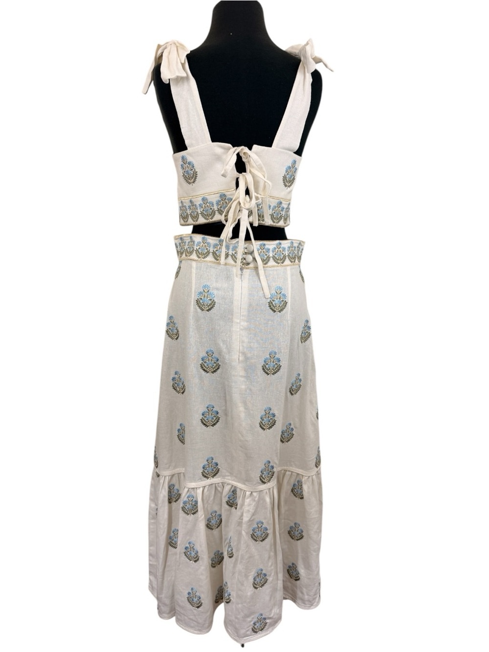 Rosewater House Cream Embroidered Tie-Shoulder Maxi Skirt Set White Linen - Picture 3 of 15